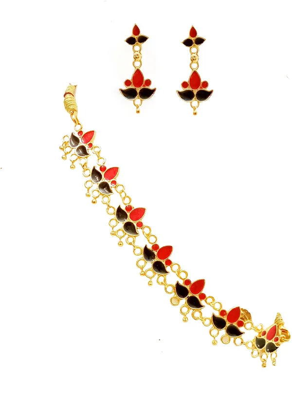 Assamese_Traditional_Gold_Plated_Red_Black_Colour_Golpata_Necklace_Set_For_Women
